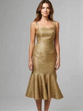 Mestiza NY Gold Trumpet Hem Square Neck Jody Metallic Tweed Occasion Midi Dress